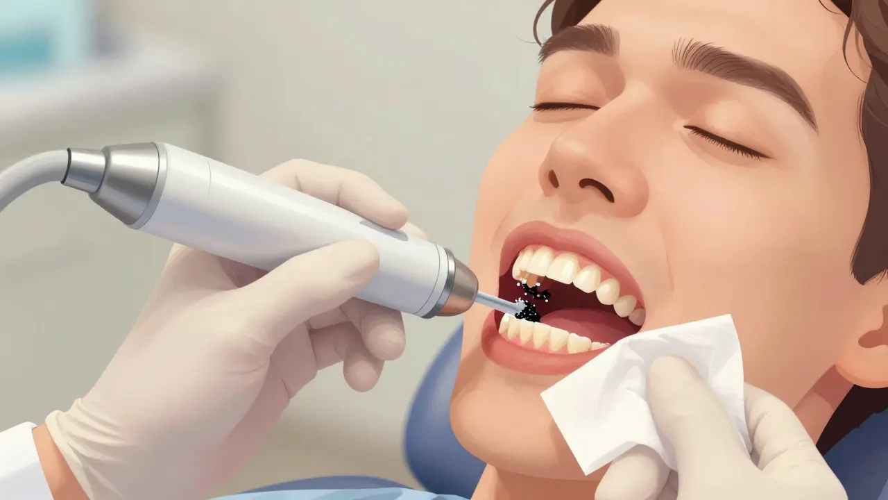 Zubař odstraňuje černý kámen pomocí ultrazvukového skrabče během očistky.