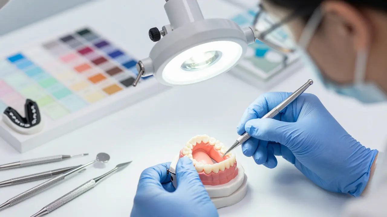 Zubní technik připevňuje keramickou fazetu na model zubů.
