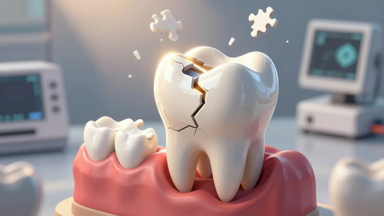 Abstraktní reprezentace opravy prasklé skloviny pomocí keramických vložek, které se spojují jako skládanka.