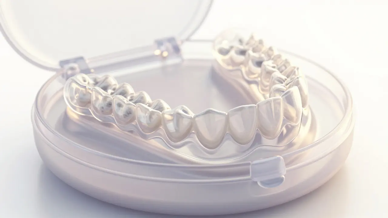 Blízký pohled na neviditelné rovnátka s stopami biofilmu na povrchu.