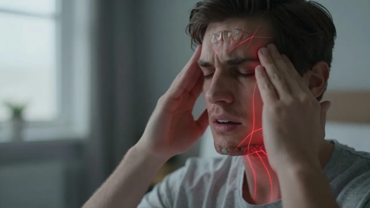 Člověk s bolestí hlavy, s překrytým obrazem nesprávného předkusu a opotřebovaných zubů za ním.