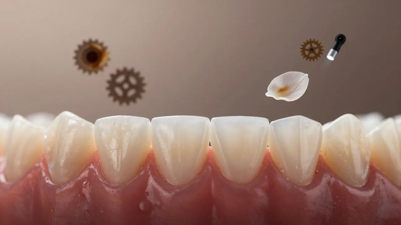 Composite veneers depicted as delicate petals adhering to teeth, surrounded by symbolic elements of dental care.