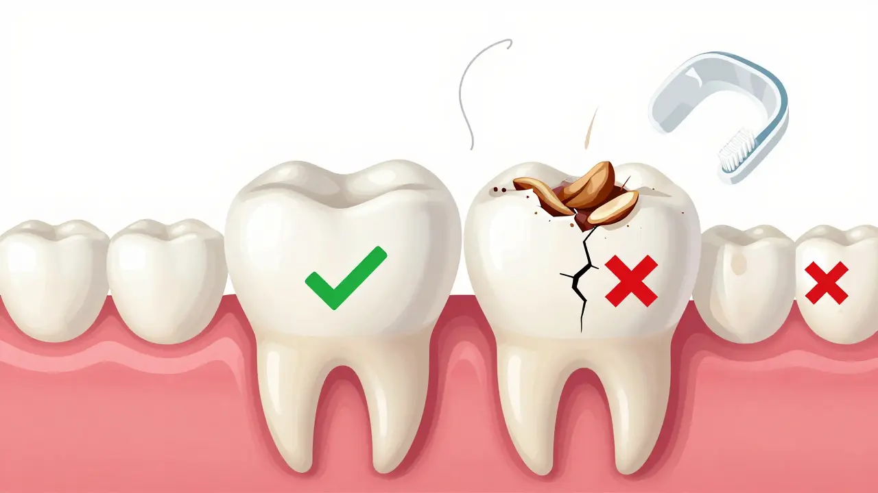 Cross-section of a dental crown showing perfect fit on one side and damage from poor care on the other.