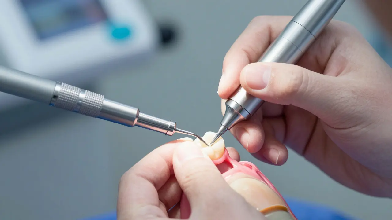 Detailní záběr přípravy zubu před aplikací fazety, odstranění vrstvy skloviny.