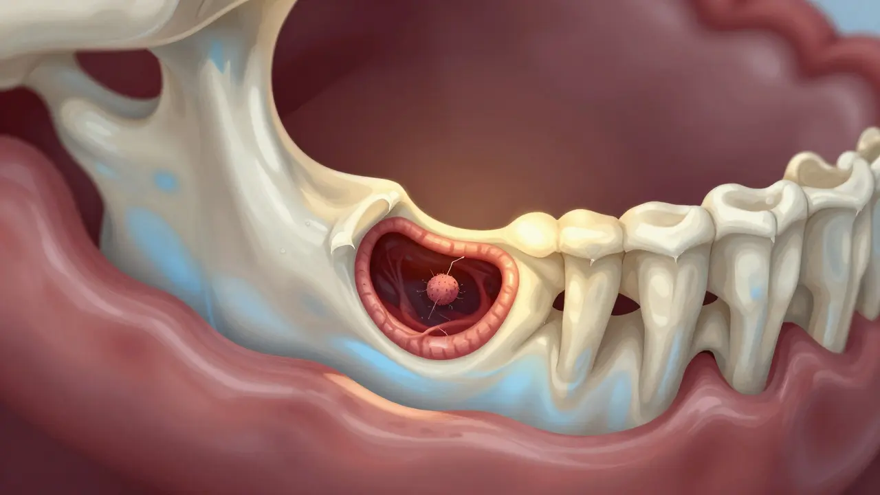 Detailní zobrazení zahojující se díry po vytržení osmky s krevní sraženinou a zánětlivými dásněmi.