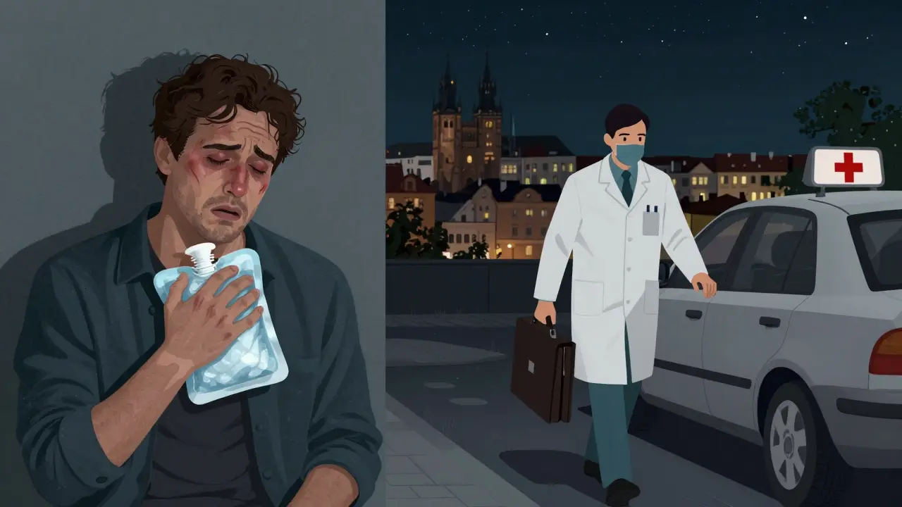 Dvě scény: pacient s otokem obličeje a zubní lékař přijíždějící v noci do Prahy.