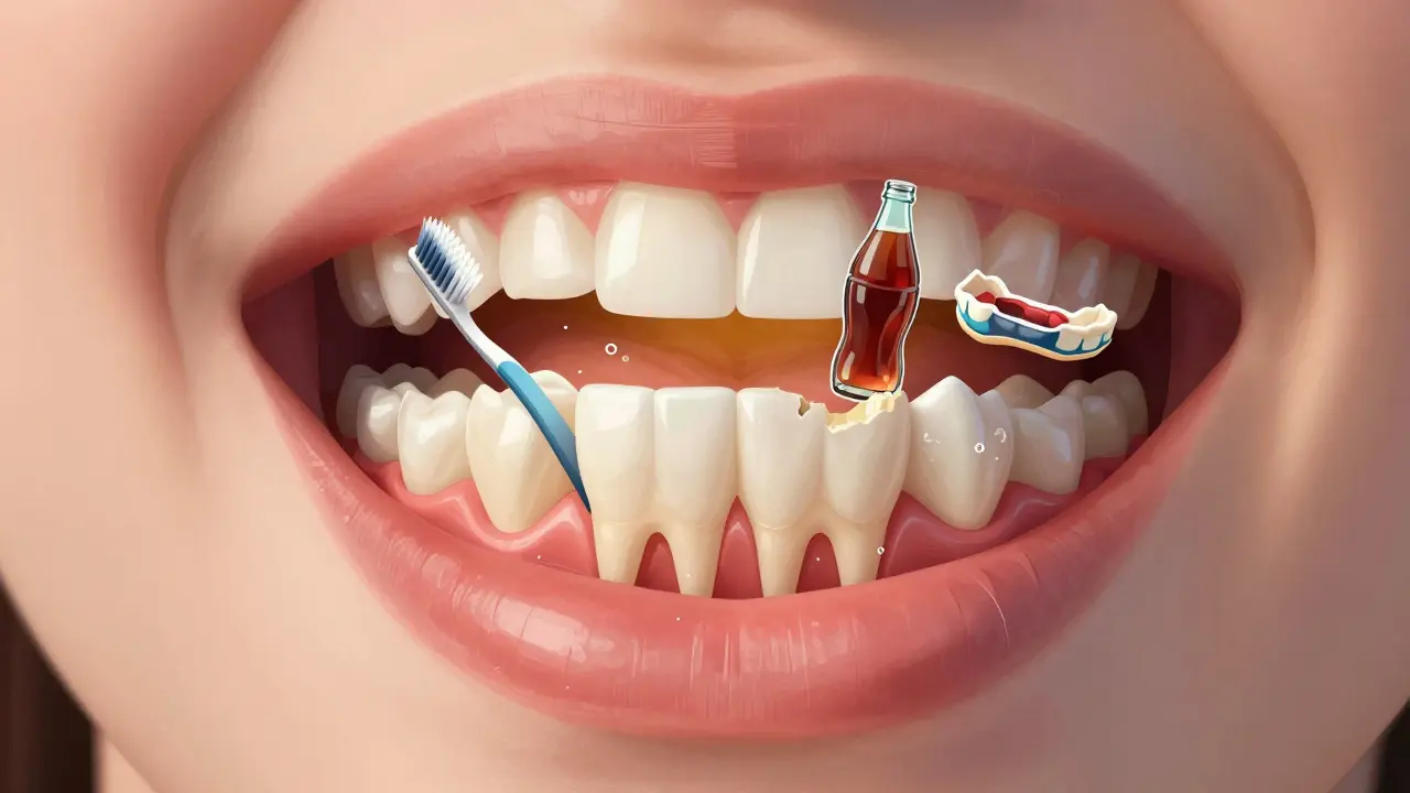 Křížový řez zubu ukazující rozdíl mezi zdravou emalí a oděranou emalí s vystaveným kmenem, doprovázený symboly příčin citlivosti.