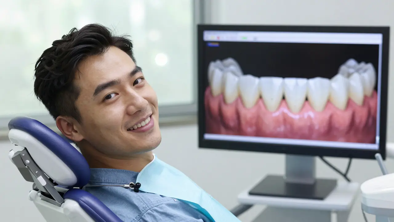 Pacient s neviditelnou opravou zubu, kde moderní korunka vypadá přirozeně.