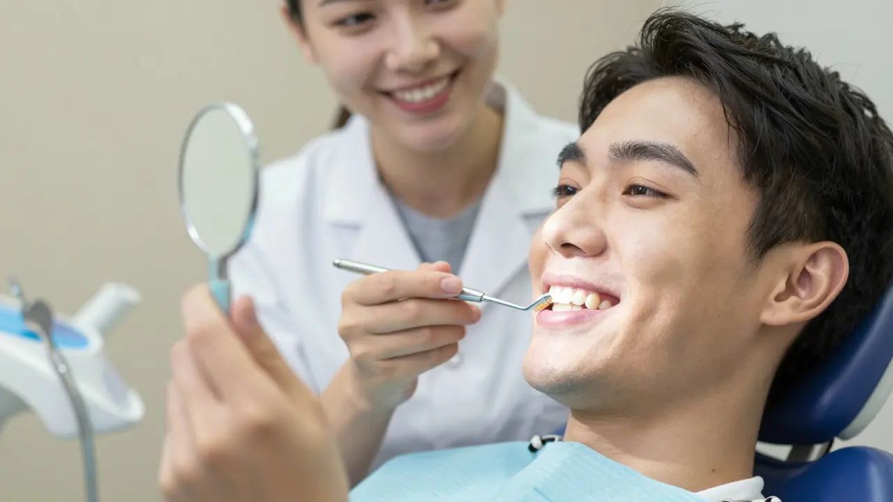 Pacient se usmívá po pískování zubů a dívá se do zrcátka na čisté zuby.