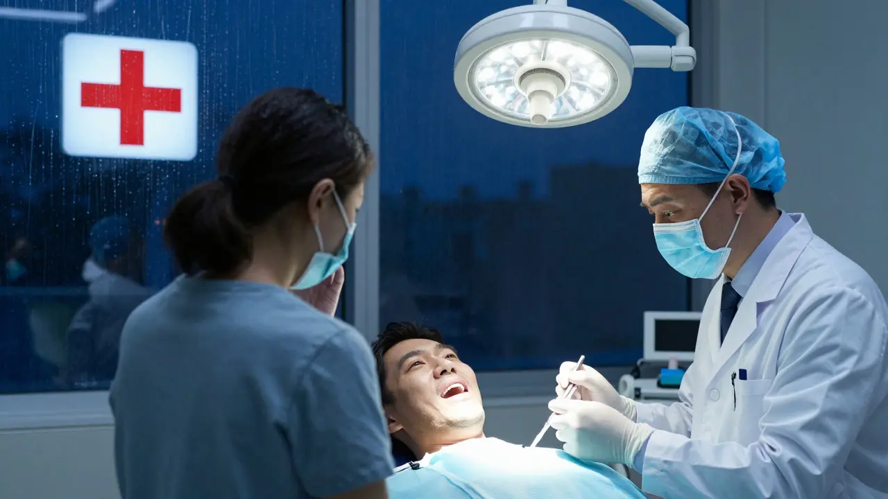 Pacient vstupuje do zubní kliniky v noci s bolestí zubů.