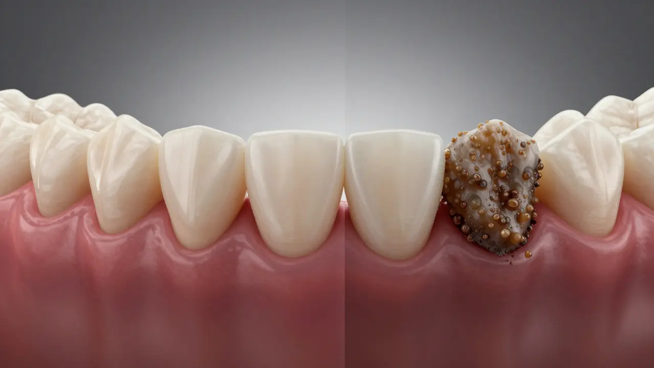 Porovnání zubů s tvrdým zubním kamenem a zubů po pískování, s jasným rozdílem v barvě a čistotě.