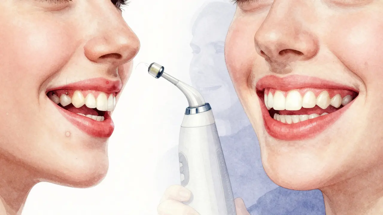 Přechod od zánětlivých dásní k zdravému úsměvu díky ultrazvukovému čištění.