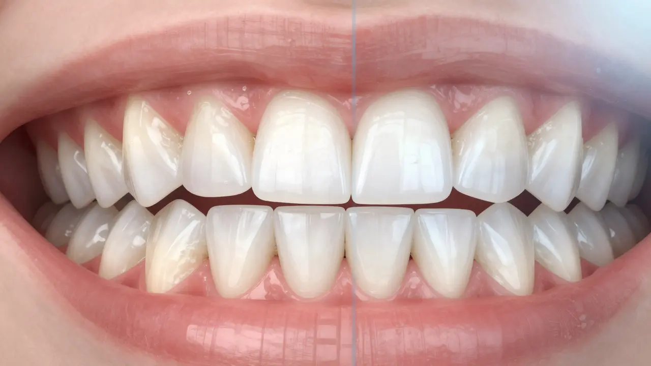 Před a po srovnání barvy zubů: žluté zuby vlevo, bílé zuby vpravo.