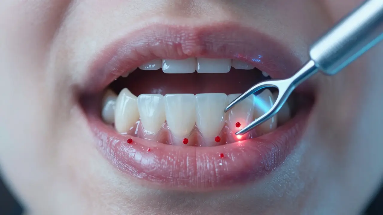 Průhledná dásňová vrstva ukazující hromadění kamene a bakterií pod povrchem.