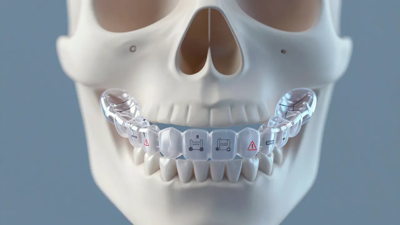 Průřez čelisti s průběhem posunu zubů a varovnými symboly rizik.