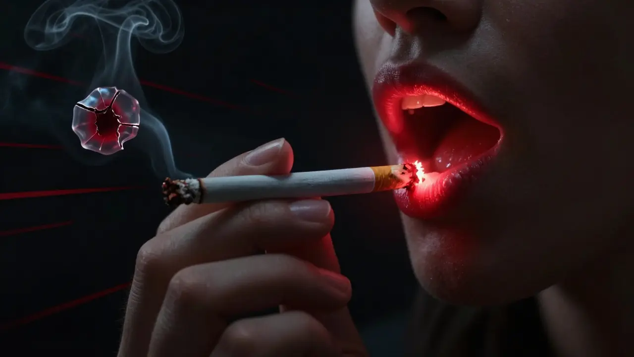 Ruka drží cigaretu nad ústy, kde se krevní sraženina rozpadá v kouři, symbolizující riziko alveolitidy.