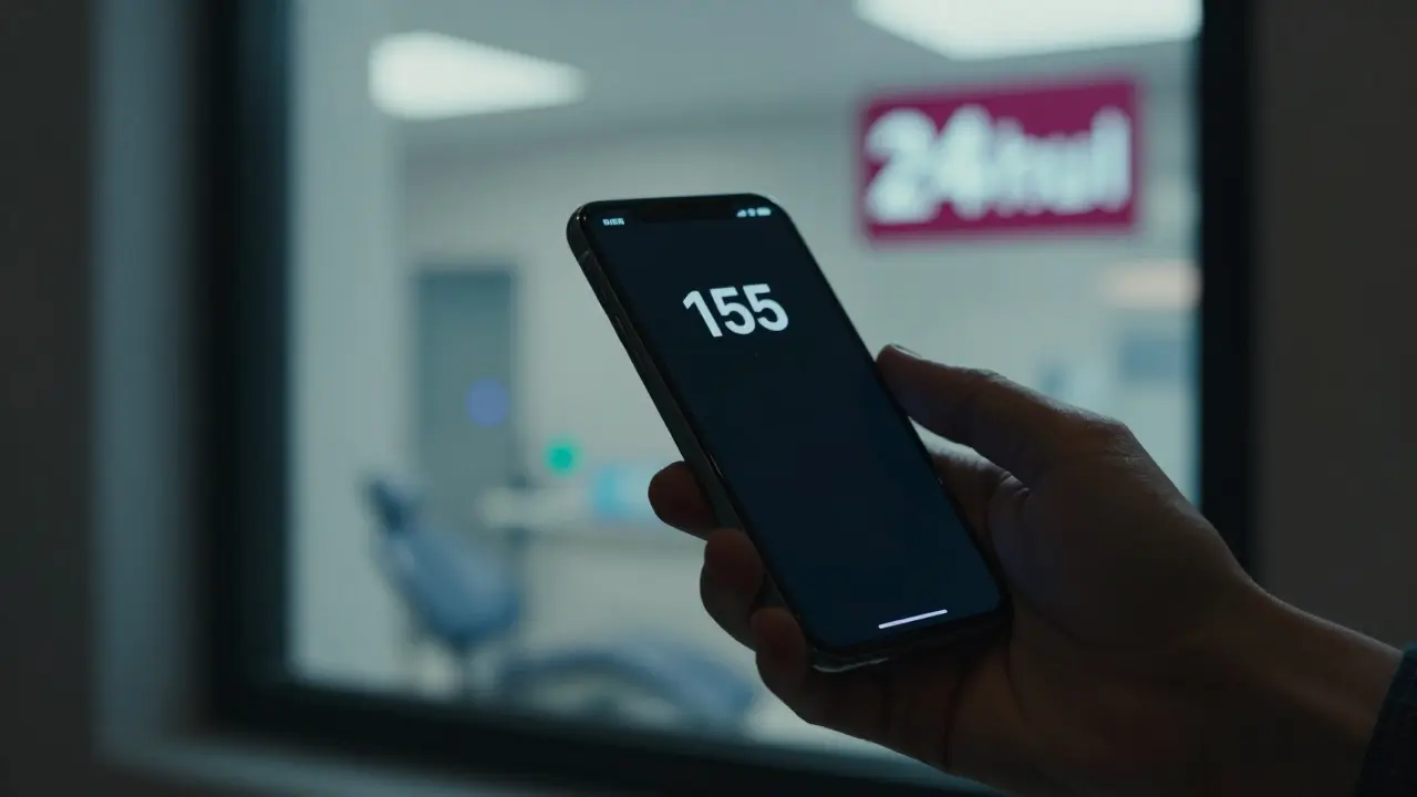 Ruka drží mobil s číslem 155, v pozadí viditelná zubní klinika s 24h označením.
