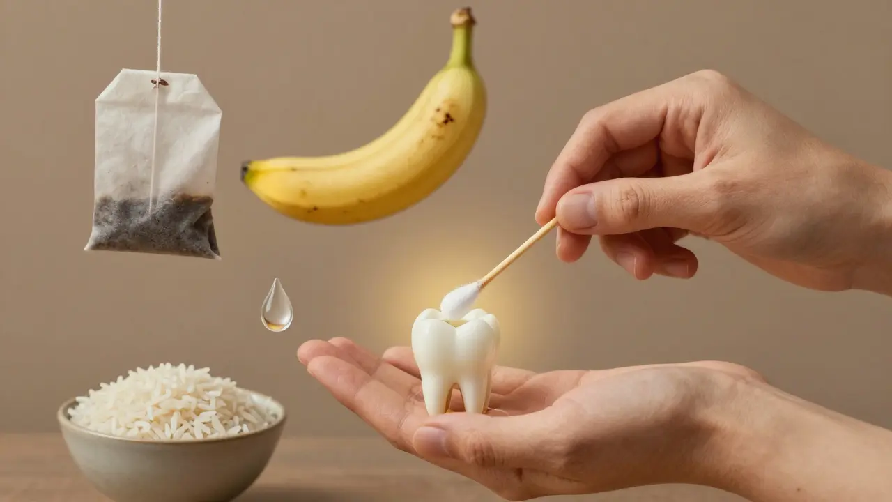 Rukou přiložený vatový kousek s eukalyptovým olejem k přednímu zubu.