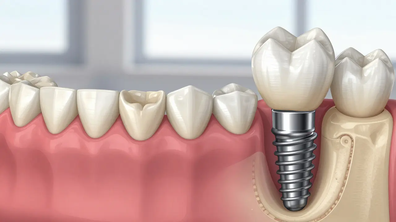 Side-by-side comparison of a dental bridge damaging adjacent teeth versus a standalone implant preserving them.