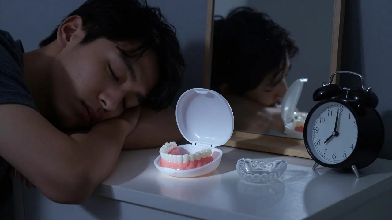 Spící člověk s prázdnou krabičkou po rovnátkách a zpětným posunem zubů v zrcadle.