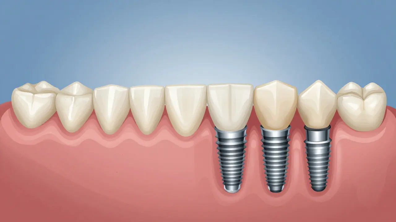 Srovnání zubního mostu a implantátů na čelisti s viditelným vlivem na sousední zuby.