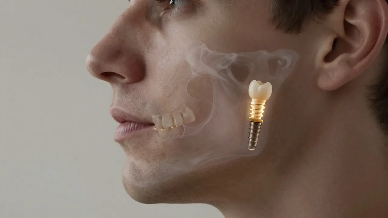 Transparent overlay showing jawbone deterioration from a missing tooth compared to a healthy implant-supported bone.