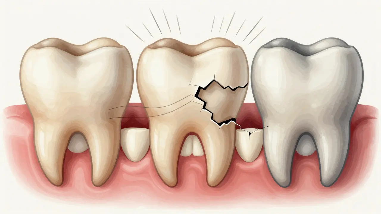 Tři druhy nesprávného předkusu: překrytý, otevřený a překrývající se zpět, znázorněné jako poškozené zuby a nerovnoměrné zatížení.