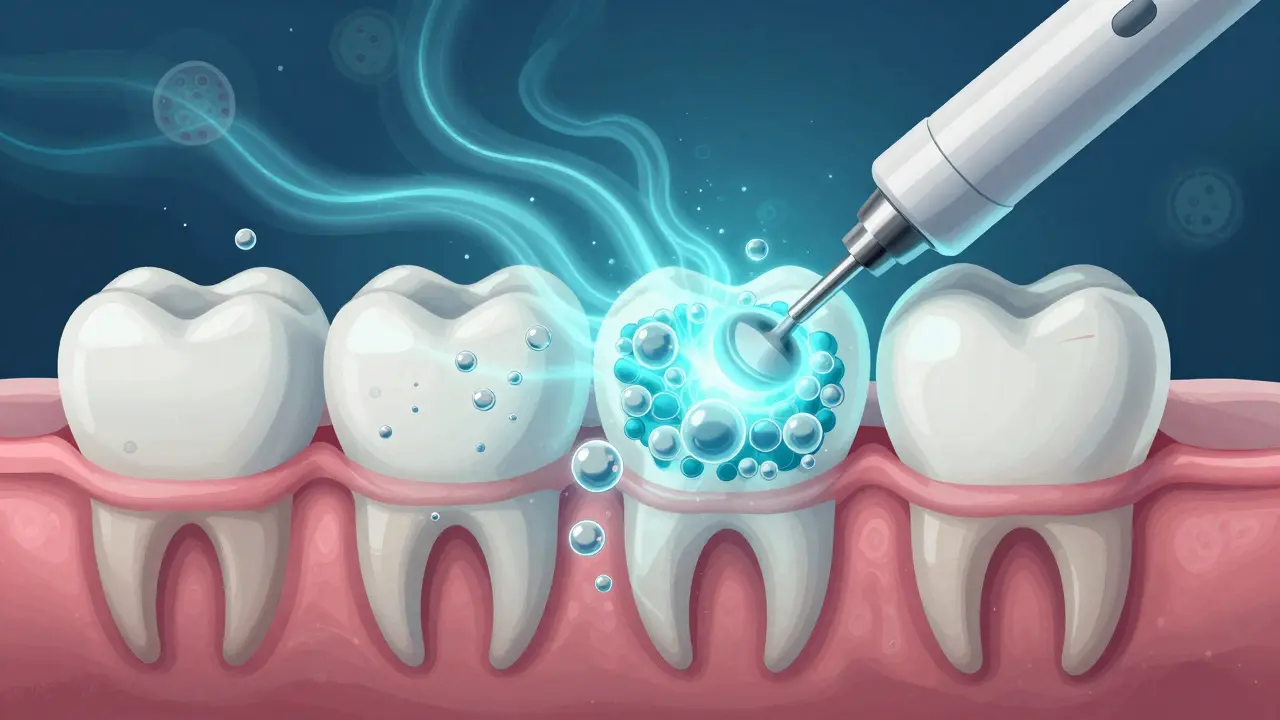 Vnitřní pohled na zub a dásně, kde mikroskopické bublinky odstraňují plak pod dásněmi.