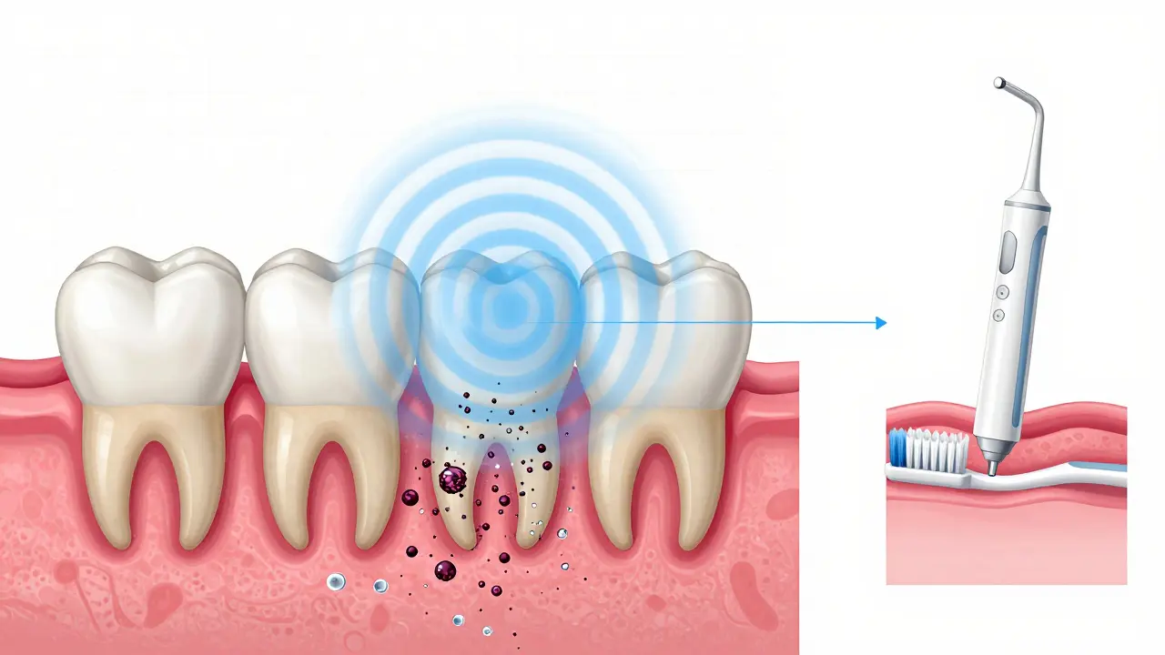 Vnitřní řez zuby a dásněmi s ultrazvukovými vlnami rozkládajícími zubní kámen.