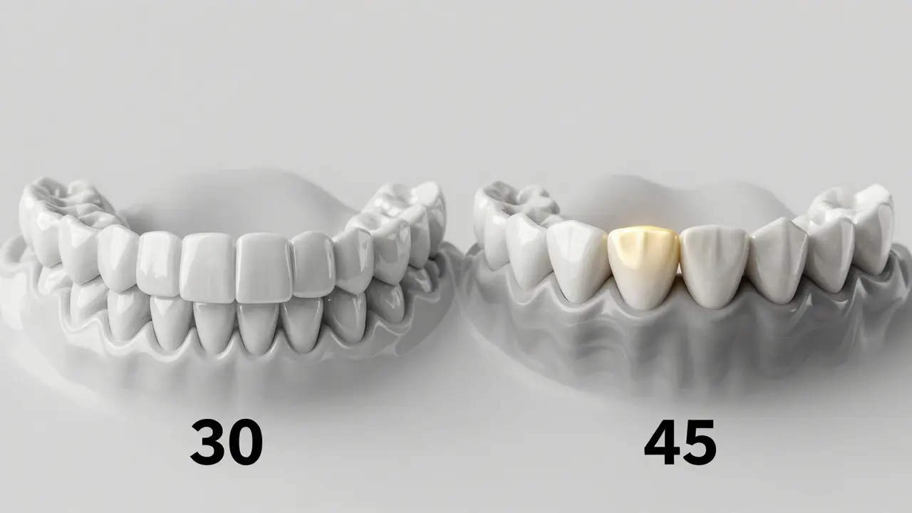Vývoj zubů od fazet ve věku 30 let k korunkám ve věku 45 let.