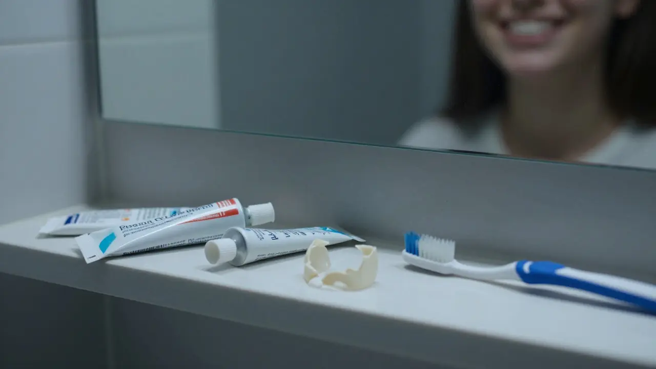 Zanedbaný sada na bělení zubů na poličce vedle zdravého úsměvu v zrcadle.