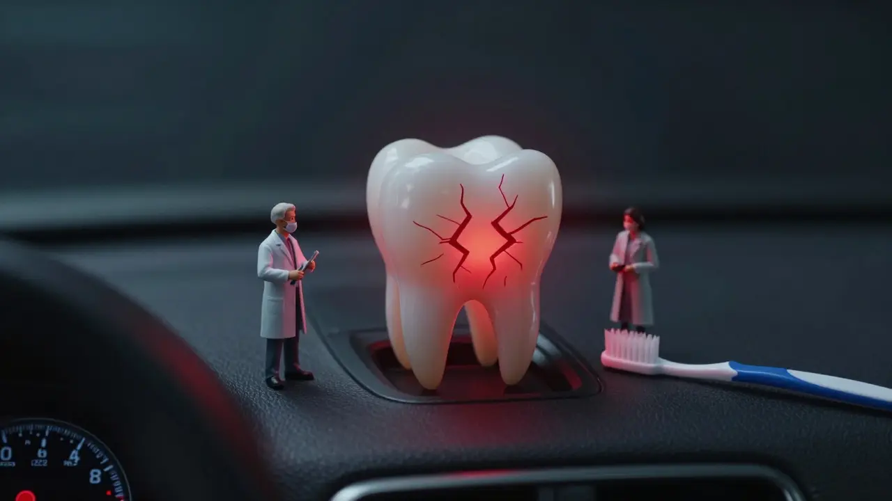 Zub jako varovná kontrolka na automobilní desce, značený trhlinami a přítomností drobných postav reprezentujících zubní problémy.