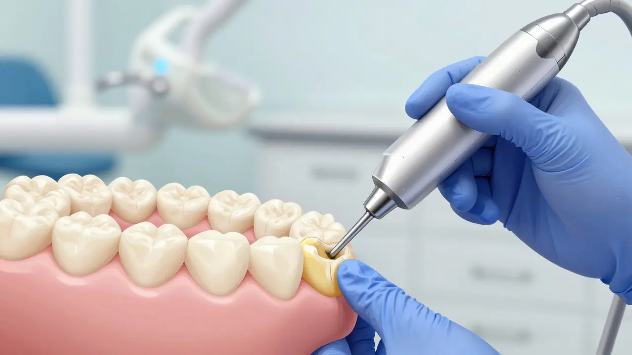 Zubní hygienistka používá ultrazvukový přístroj pro čištění zubů.