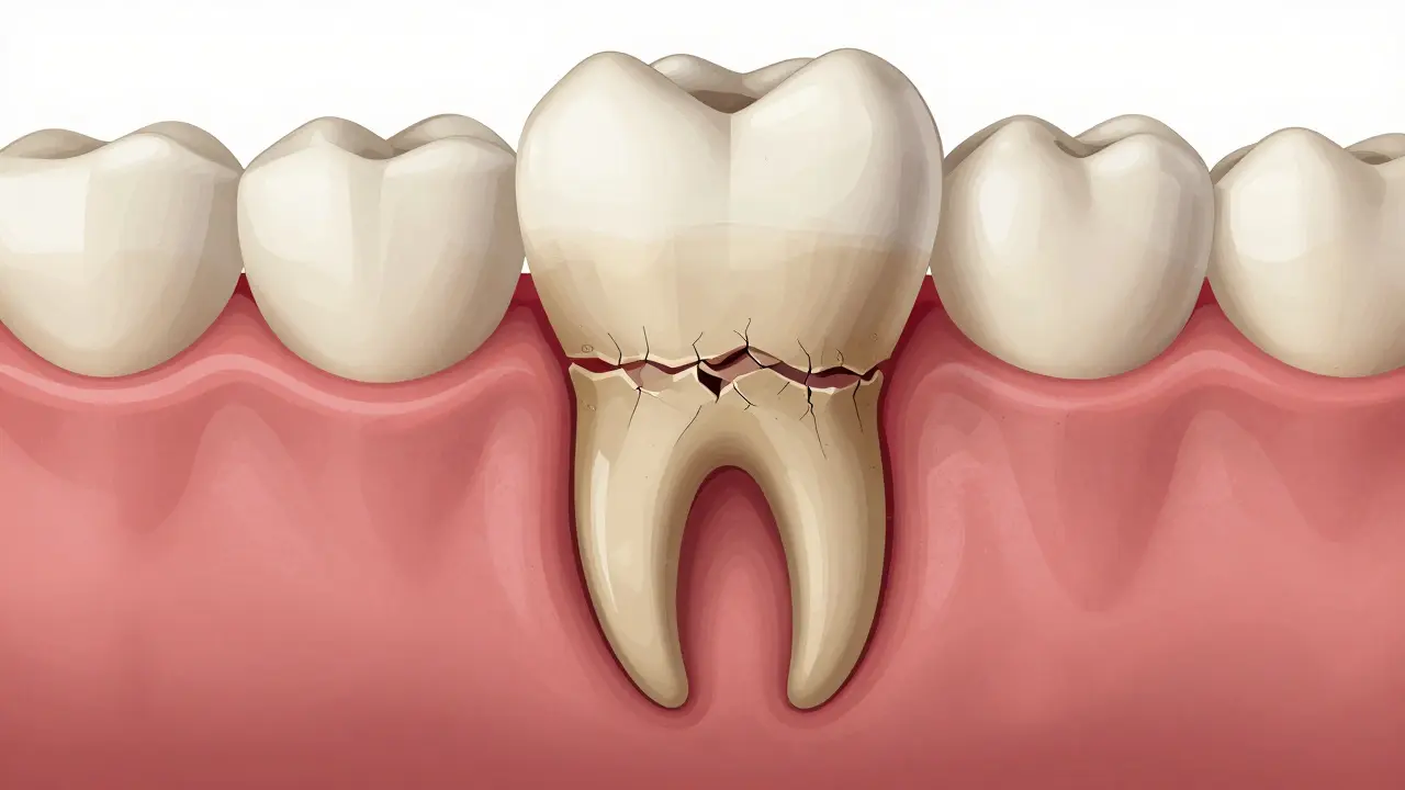 Zubní kořen s ničenou kostí a kamenem pod dásní, s výrazným kontrastem k zdravé tkáni.