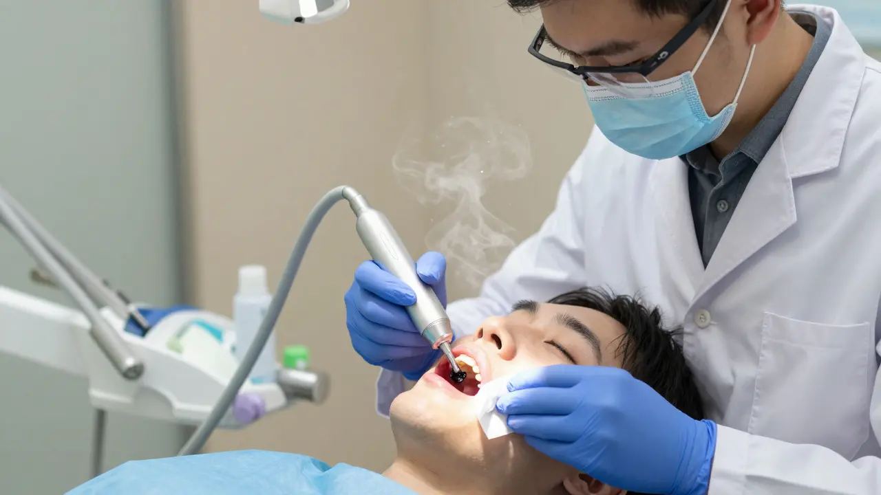 Zubní lékař odstraňuje zubní kámen ultrazvukovým přístrojem během profesionálního čištění.