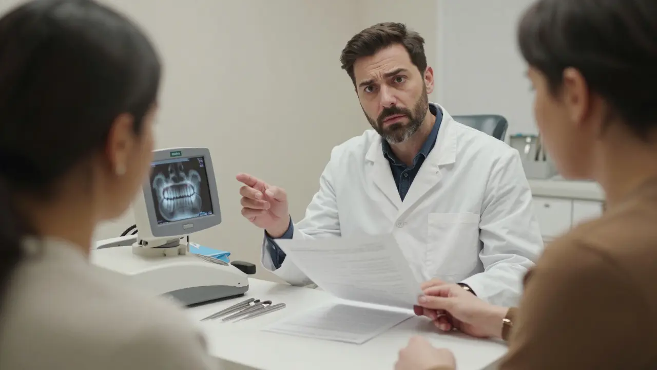 Zubní lékař vysvětluje skryté náklady při instalaci faset v klinice.