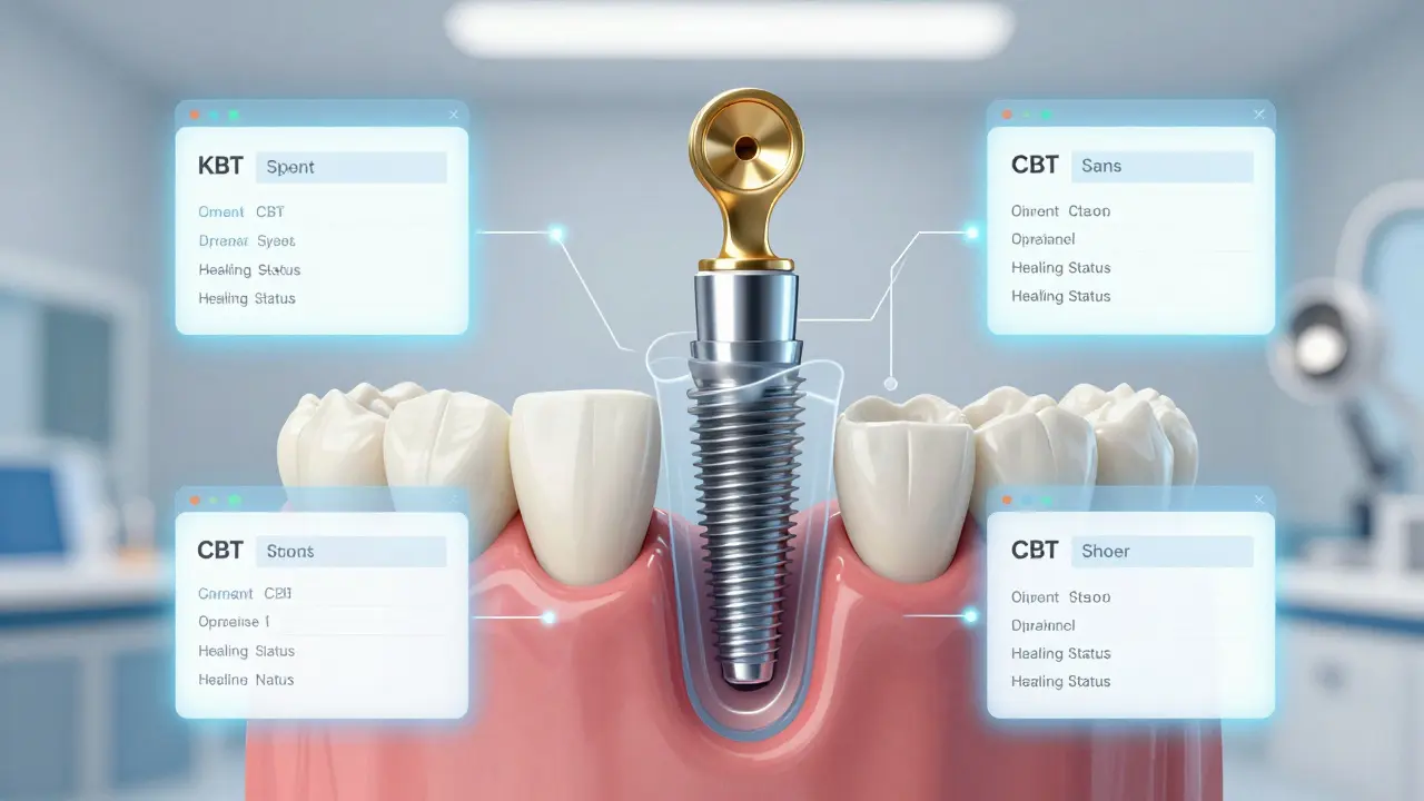 3D model implantátu s přehledem klíčových údajů o jeho umístění a zahojování.