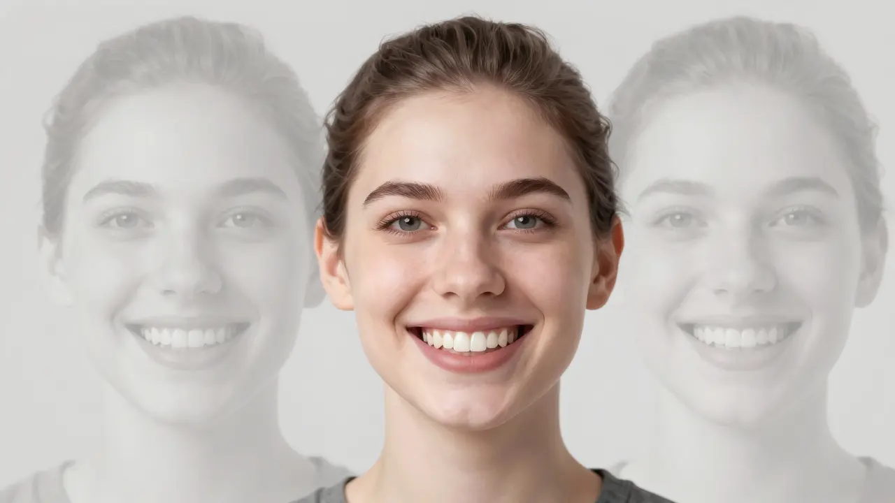 A person smiling with perfect teeth, with faint visual paths showing cosmetic dental options behind.