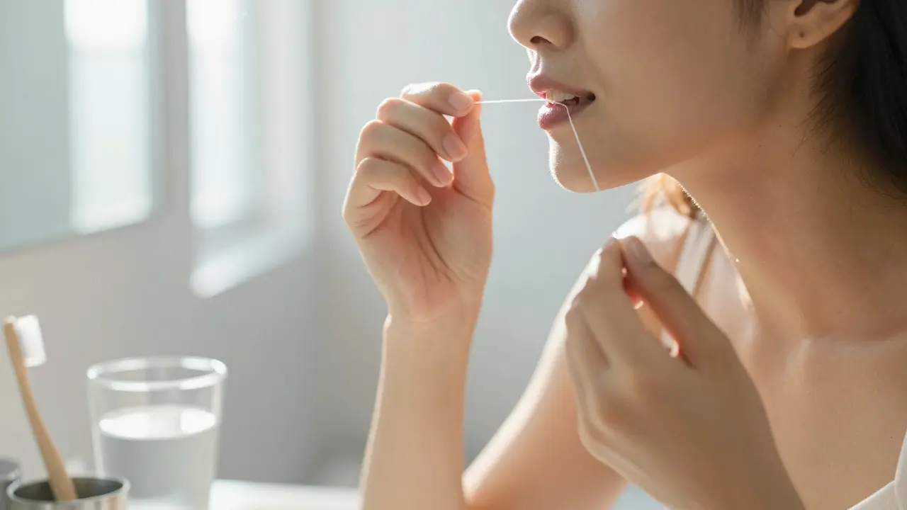 Člověk při čištění zubů v ránu, symbol prevence a zdraví