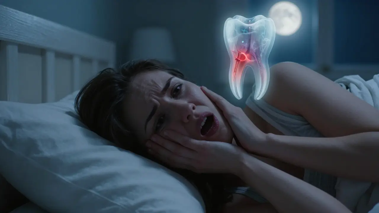 Člověk v posteli drží si tvář kvůli bolesti zubu, nad jeho hlavou se objevuje obraz infikovaného kořene.