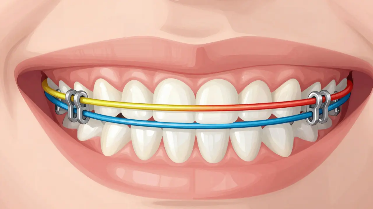 Detail zubního rovnátka s dvěma novými gumičkami napnutými mezi háčky.