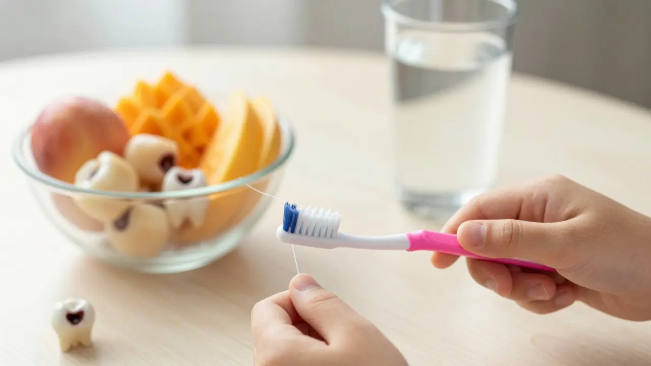 Dítě čistí zuby kartáčkem a nití, aby předešlo mezizubnímu kazem