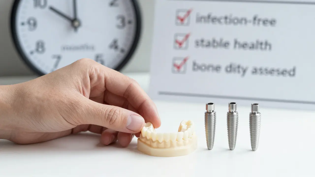 Dočasná proteza a trvalé implantáty leží vedle sebe, symbolizující přechod k trvalému řešení.