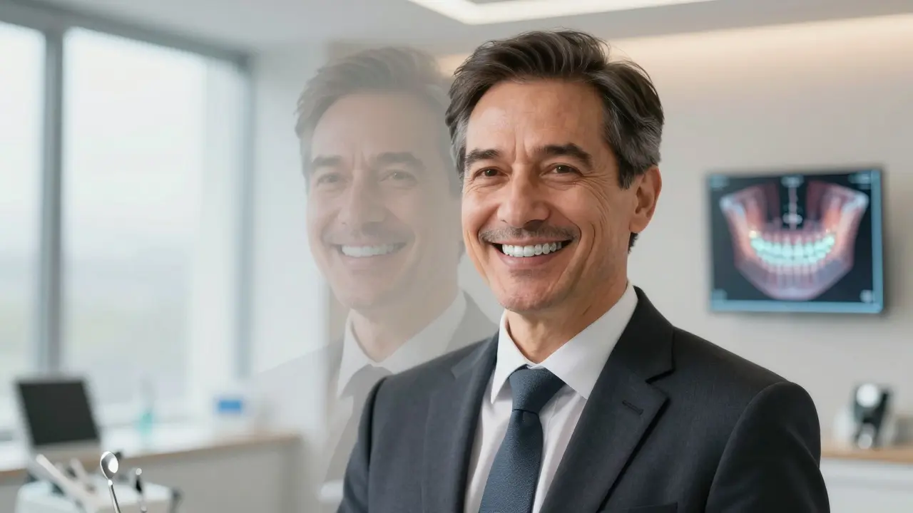 Dospělý muž se skrytými průhlednými nápravami, jeho zuby se postupně zarovnávají.