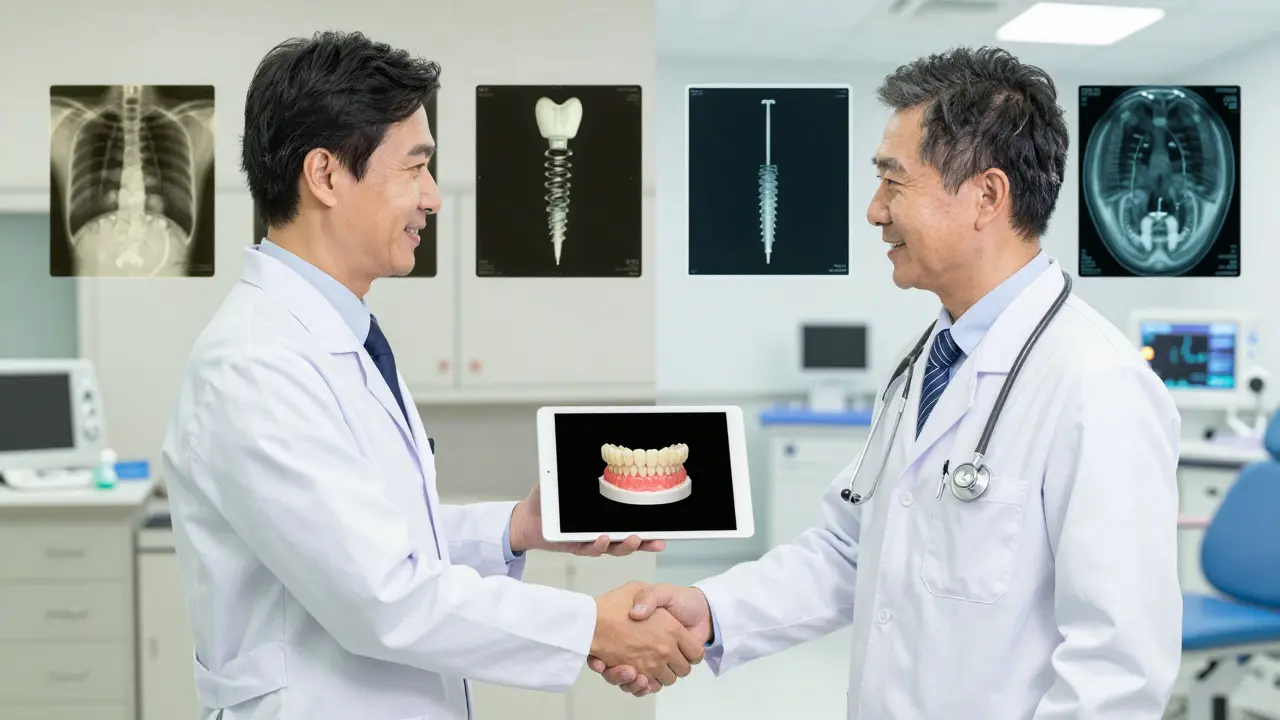 Dva zubaři předávají péči o implantát přes digitální model v moderní klinice.