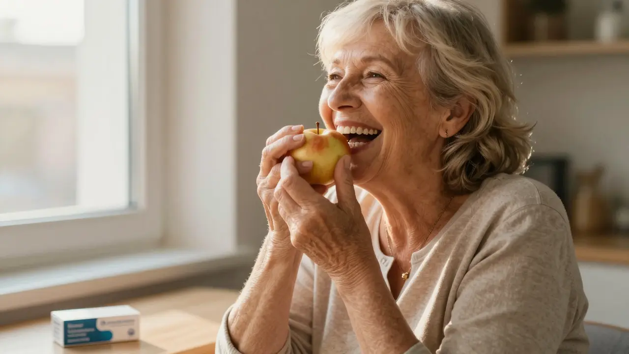 Elderly woman laughing while eating an apple, her natural smile restored by dental implants, with warm light and clinic supplies nearby.