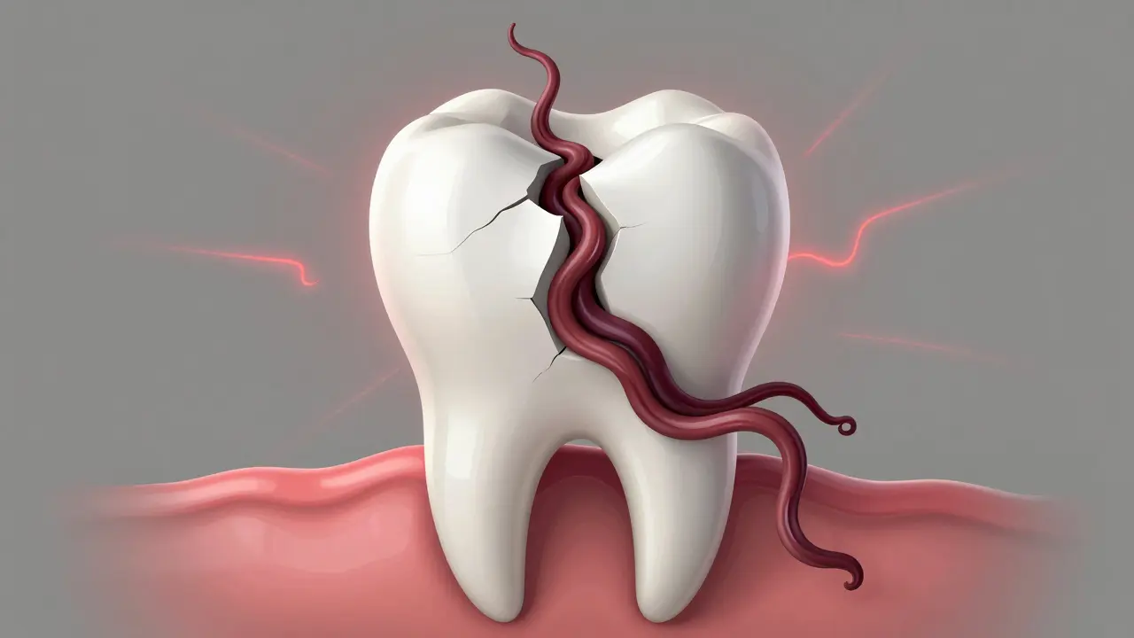 Ilustrace poškozeného zubu s bakteriálními vlákny šířícími se do kosti, symbolizující hlubokou infekci.