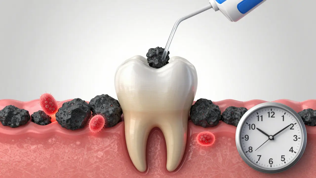 Kost kolem kořene zubu se rozpadá pod tlakem kameně a bakterií.