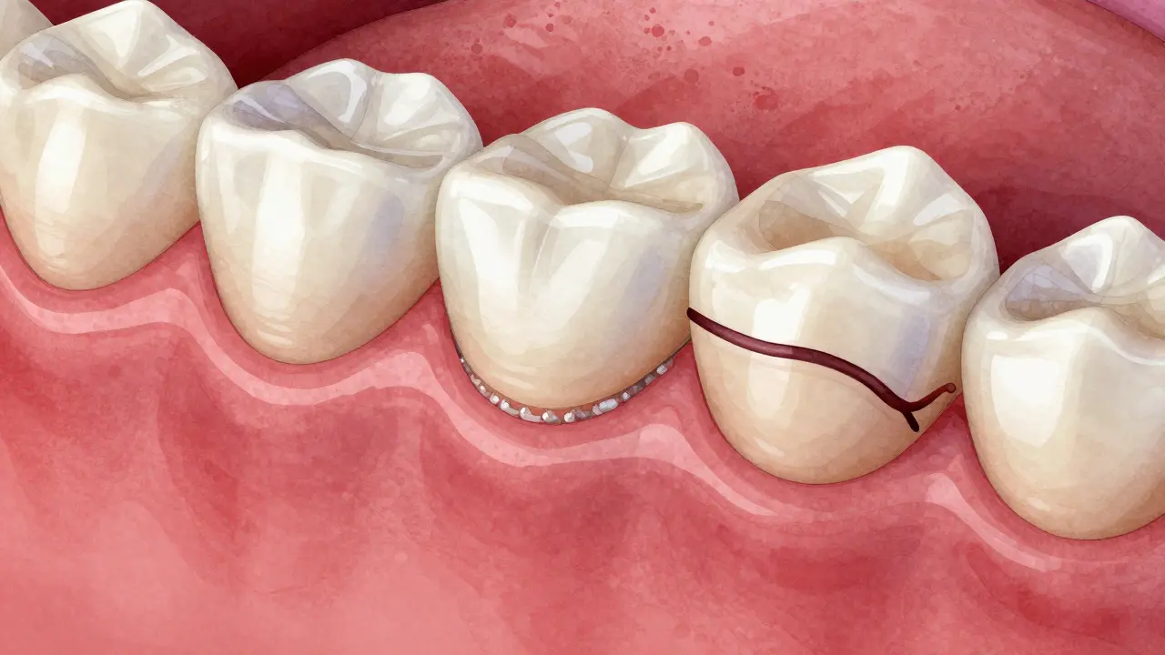 Křížový řez zubu s keramickou fazetou, kde se hromadí plak a vzniká zánět dásně.