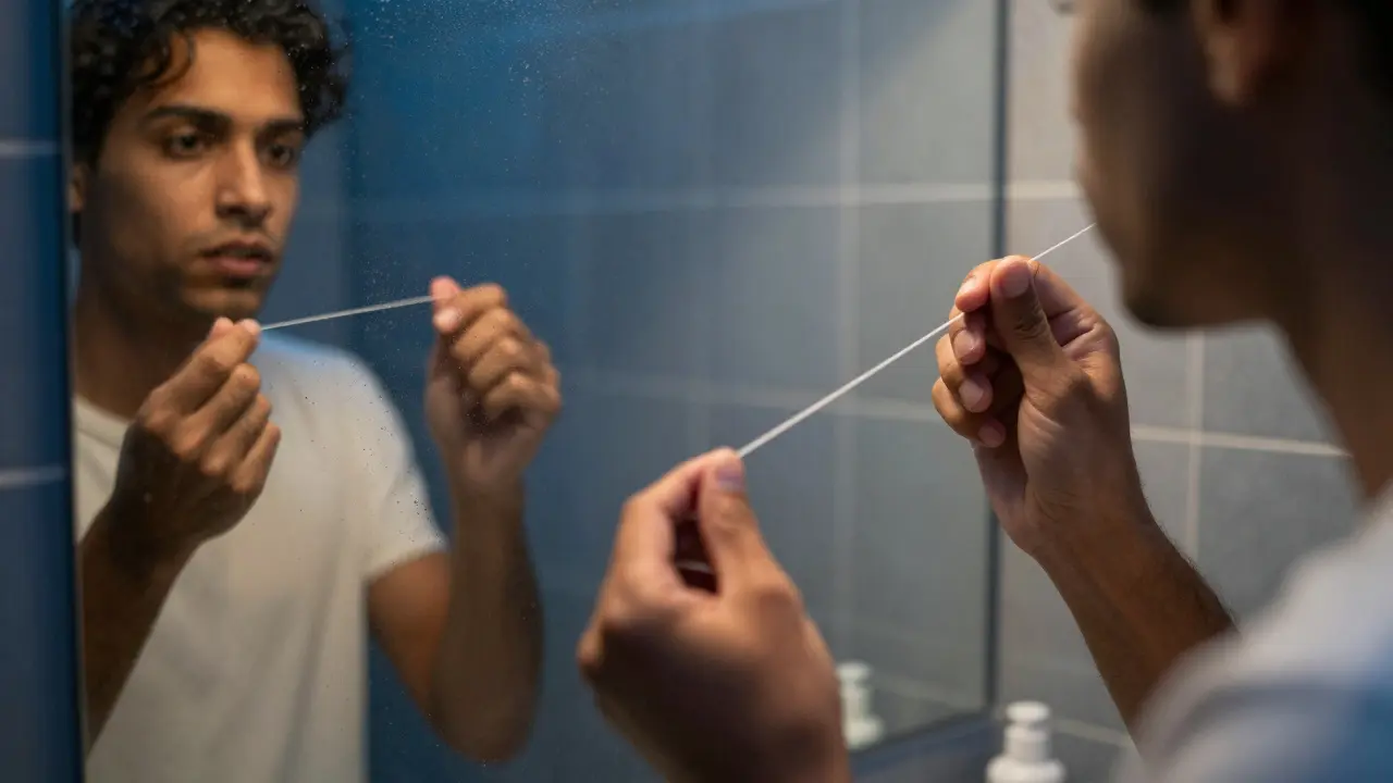 Osoba používající nit v koupelně za večerního osvětlení